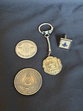 Listing image for Lot Of 4: Vintage Masonic Memorabilia- Keychain, 2 Coins & Single Cuff Link