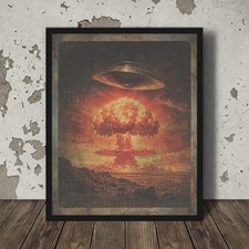 Listing image for Vintage NUKE UFO DISCLOSURE Wall Art, Atomic Bomb UAP Poster, Sci-fi War Decor